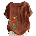 thumbnail image 1 of Lkhaha Tops for Women Trendy Linen Loose Casual Roll Up Short Sleeve Cute Floral Print Fashion Clothes 2026 Brick Red XL, 1 of 4