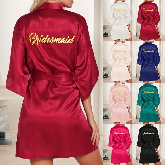 Lkhaha Women Bridesmaid Satin Short Robe 3/4 Sleeve Letter Print Kimono Style Loungewear Pink L