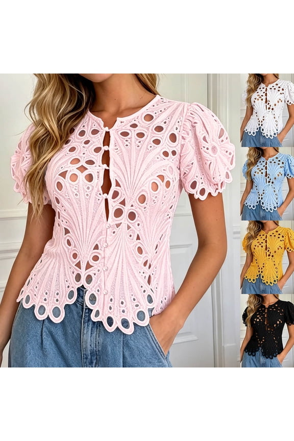 Women Eyelet Lace Puff Sleeve Tops Solid Hollow Out Tees Casual Cover-ups White XXL