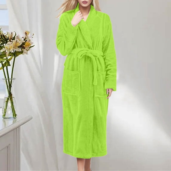 Lkhaha Women Flannel Robe with Belt Kimono Style Dress Long Shawl Collar Bathrobe with Pockets Light Green XXL
