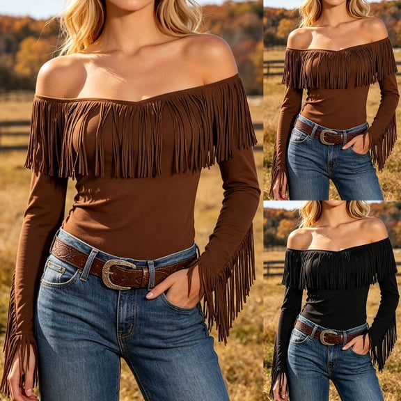 Lkhaha Women Fringe Off Shoulder T Shirts Western Cowgirl Tops Long Sleeve Blouse Black L