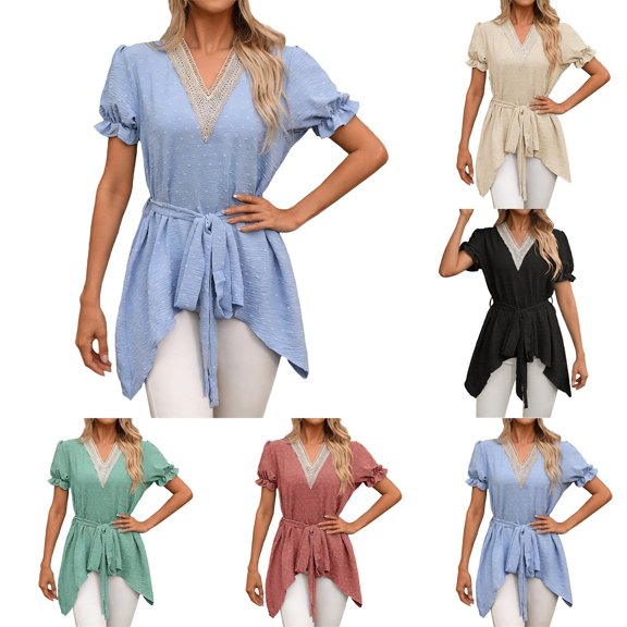 Lkhaha Women Lace V Neck Chiffon Tops Puff Sleeve Irregular Hem Lace Up Blouses Solid Peplum Shirts Black S