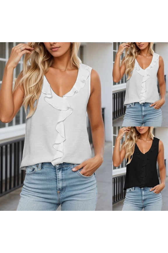 Women Ruffle Hem Chiffon Tank Tops Solid Sleeveless V Neck Work Cami Shirts White L