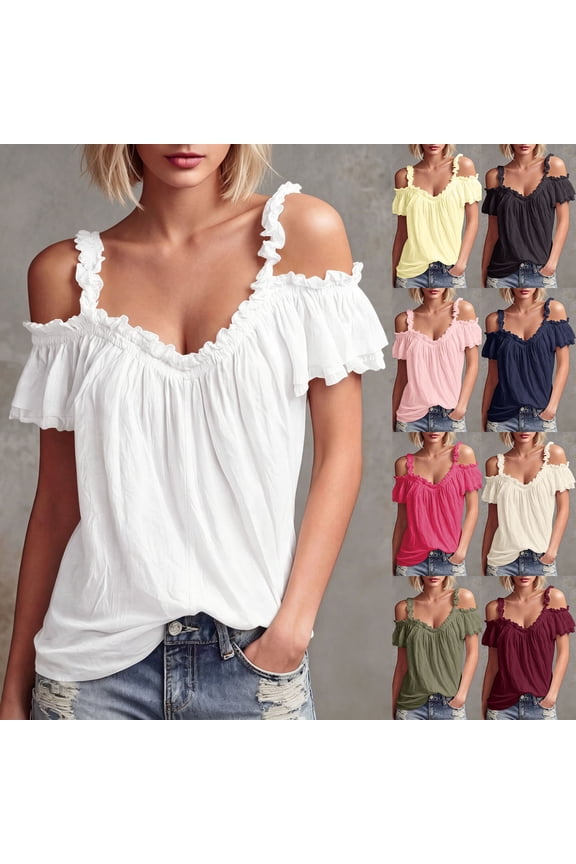 Women Ruffle Off Shoulder Tops Boho Blouse Short Sleeve Casual Tees White L