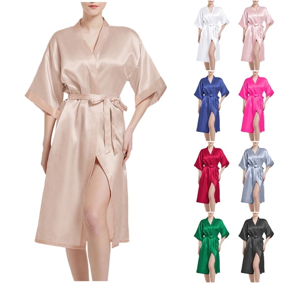 Lkhaha Women Satin Long Robe Kimono Style Loungewear with Belt and Slit Black L