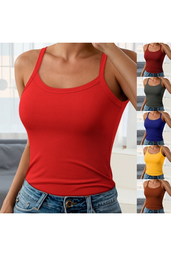 Women Spaghetti Strap Shirts Solid Basic Ribbed Tank Tops Slim Fitted Camisole Layering Brick Red XL