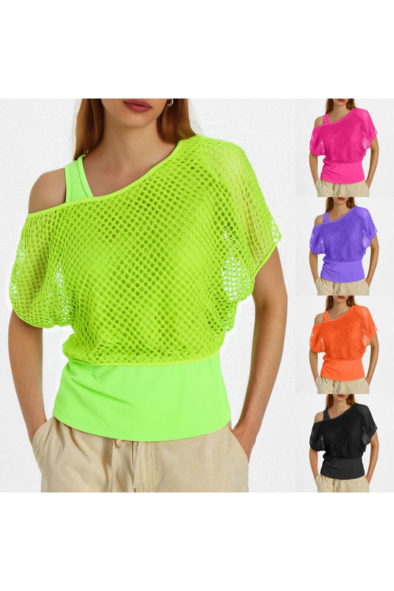 Women Summer Tops 80s s Neon Fishnet Mesh Off Shoulder For Loose Fit Tee Shirts Hot Pink M