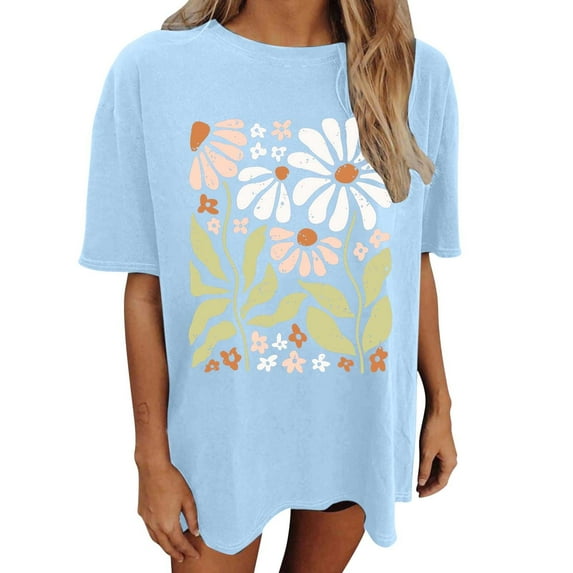 Lkhaha Women Tees Shirts Tops Vintage Floral Graphic Oversize Casual Short Sleeve Lightweight Outfits Clothes 2026 Light Blue S