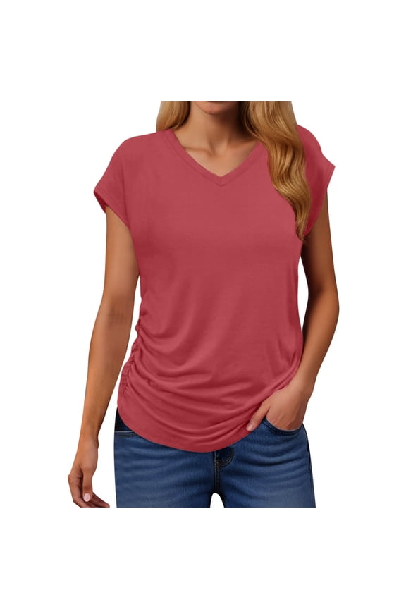 Women Tops Fashion Casual Short Sleeve Solid O Neck Clothes 2026 Brick Red M