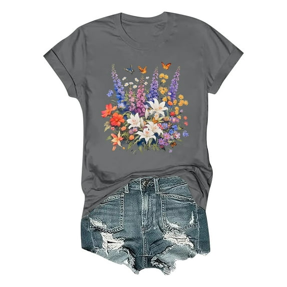 Lkhaha Women Tops Summer Fashion Floral Print Short Sleeve Dressy Casual Blouse Grey M