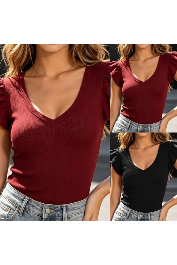 Women V Neck Tops Ruffle Flying Sleeve Casual Tees Solid Slim Fit Basic Blouses Black XXL