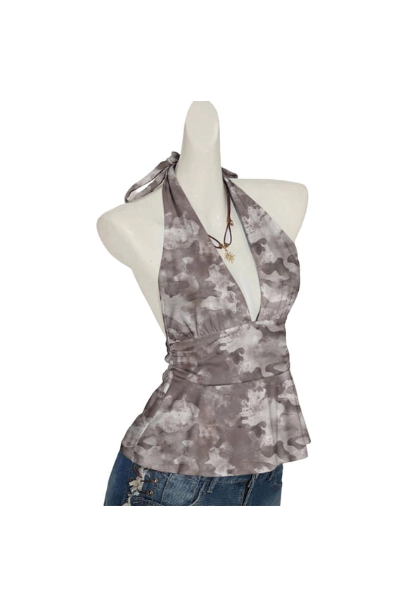 Women's Camo Tie-Dye Y2K Halter Top Ruched Waist Sleeveless Peplum Deep V Neck Blouse Grey S