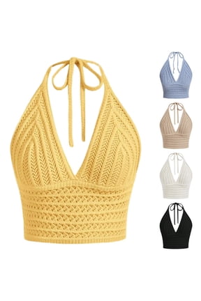 Women's Crochet Halter Camisole Top Solid Sleeveless Beach Boho Lace Up Cropped Shirts White M