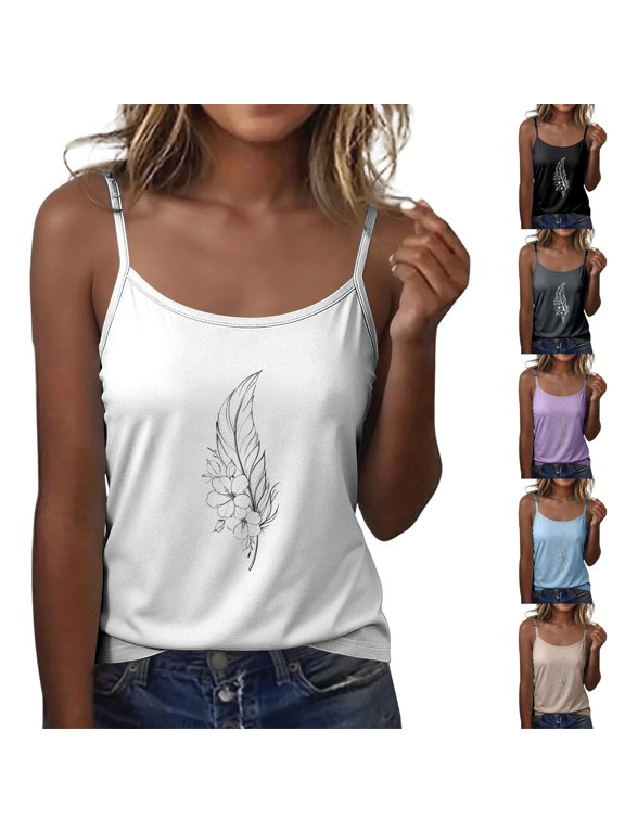 Women's Feather Floral Print Cami Top Spaghetti Strap Casual Summer Blouse White XL