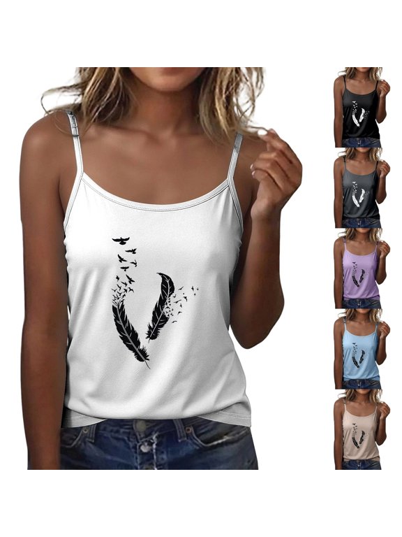 Women's Feather and Bird Print Cami Top Adjustable Spaghetti Strap Casual Summer Blouse White M