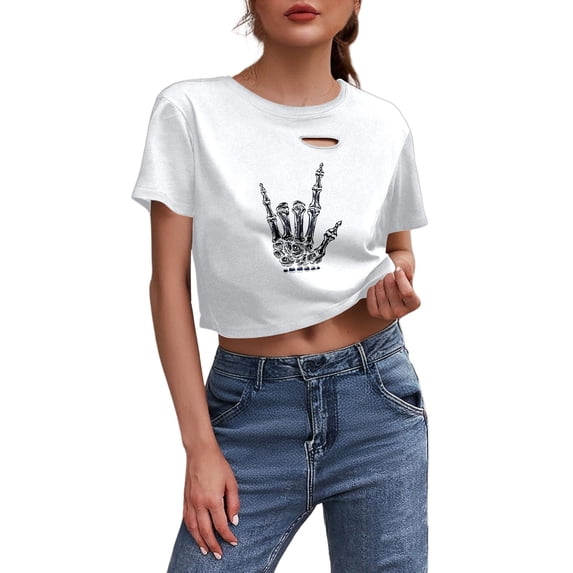 Lkhaha Women's Halloween Skeleton Print Cropped T Shirt Short Sleeve Round Neck Distressed Tee Casual Gothic Top For Fall Spring
