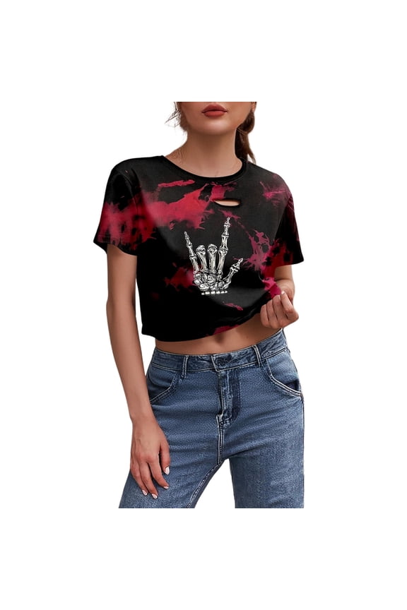 Women's Halloween Skeleton Print Cropped T Shirt Short Sleeve Round Neck Distressed Tee Casual Gothic Top For Fall Spring