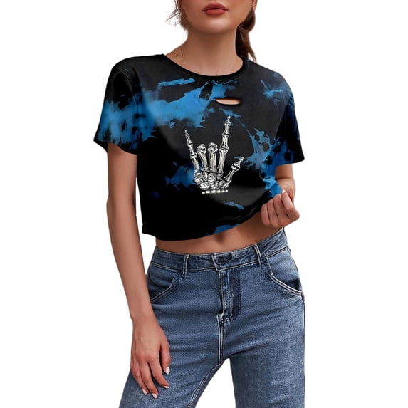 Lkhaha Women's Halloween Skeleton Print Cropped T Shirt Short Sleeve Round Neck Distressed Tee Casual Gothic Top For Fall Spring