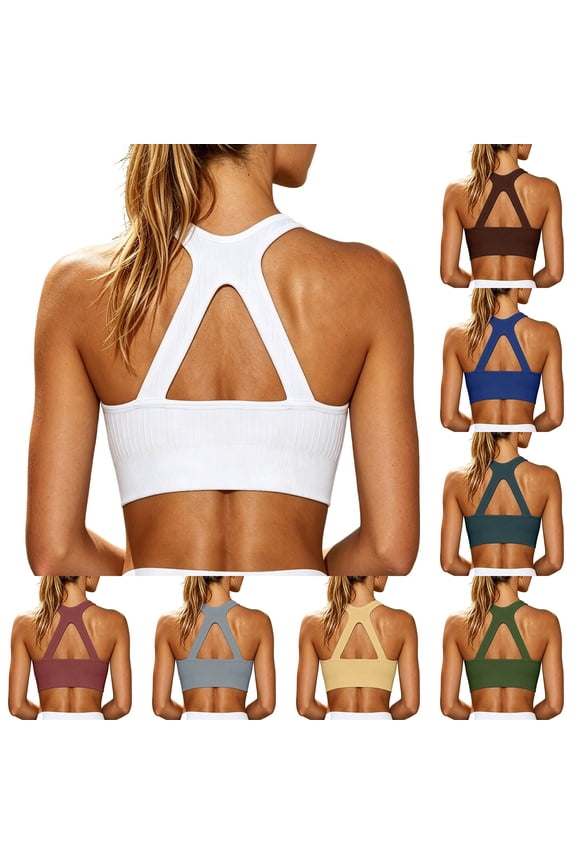 Women's Racerback Sports Bra Triangle Cutout Ribbed Yoga Workout Crop Top White S