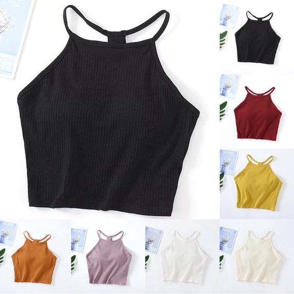 Lkhaha Women's Solid Halter Cropped Tops Sleeveless Going Out Y2K Built-in Bra Tank Shirts Red S
