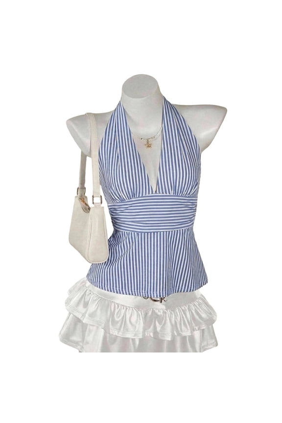 Women's Striped Halter Peplum Top Sleeveless Deep V-Neck Y2K Going Out Camisole Blue M