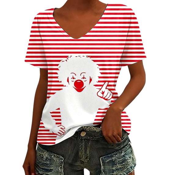 Lkhaha Women's T Shirts Fashion Casual Stripe Print Soft Breathable Basic Slim Undershirts Red 5XL
