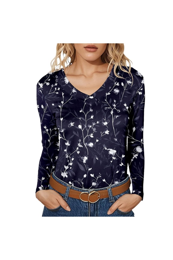 Women's T Shirts Long Sleeve Crew Neck Casual Basic Soft Fashion Dressy Clothes Dark Blue L