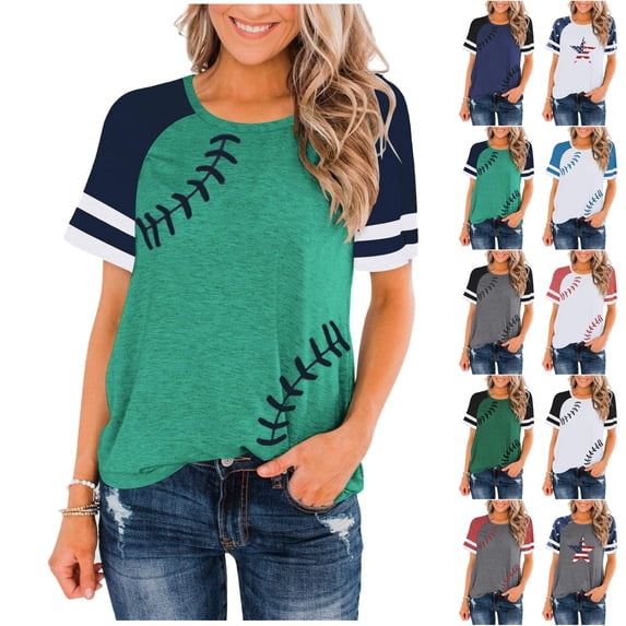 Lkhaha Women's T-Shirts Raglan Baseball Round Neck Slim Patchwork Print Vacation Blouse White XL