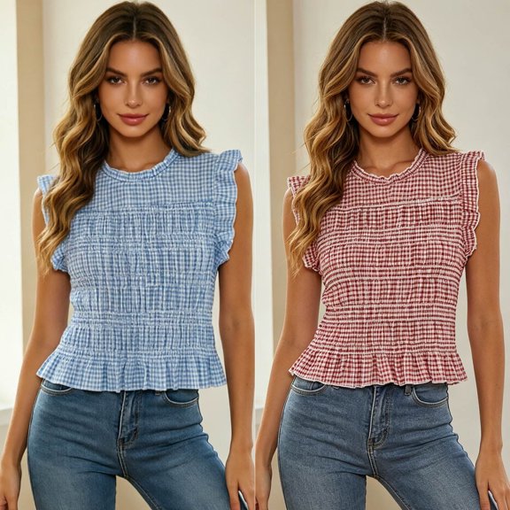 Lkhaha Women's Tops French Comfortable Casual Round Neck Honeycomb Texture Checkered Blouses Blue XS