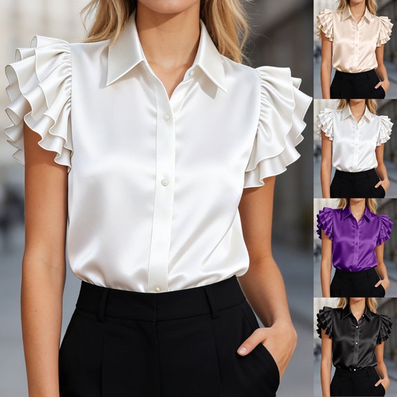 Lkhaha Women's Tops Satin Ruffle Flying Sleeve Solid Button Lapel Blouses White XL