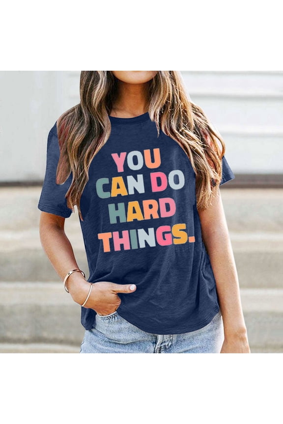 Women's Tops School Season Teacher's Day Casual Versatile Letter Printed Ladies Tees Navy XXL