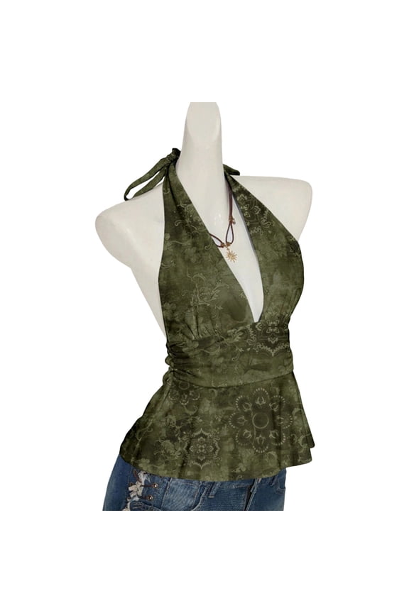 Women's Vintage Floral Print Halter Peplum Top Deep V-Neck Sleeveless Y2K Blouse Green L