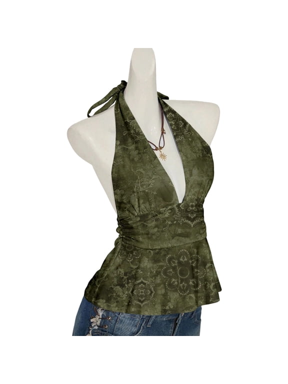 Women's Vintage Floral Print Halter Peplum Top Deep V-Neck Sleeveless Y2K Blouse Green M