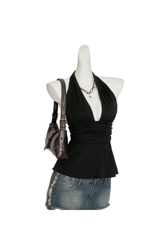 Women's Vintage Floral Print Halter Peplum Top Deep V-Neck Sleeveless Y2K Blouse Black L