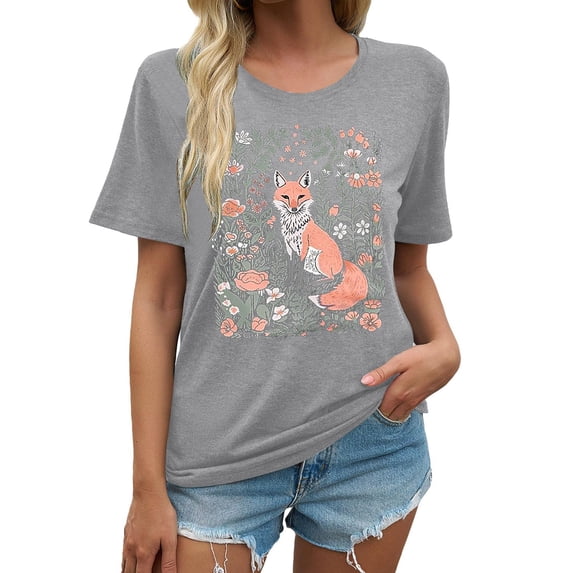Lkhaha Womens Fashion Tees Tops Casual Short Sleeve Loose Round Neck Printed Soft Breathable Layer Clothes Light Gray 2XL