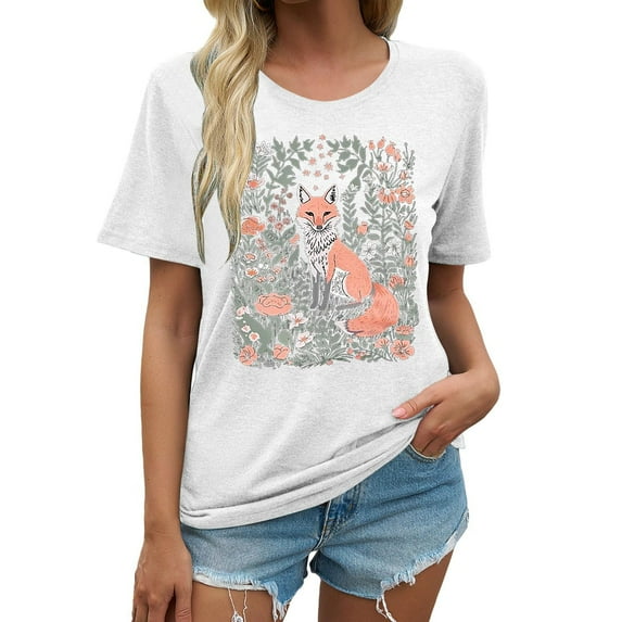 Lkhaha Womens Fashion Tees Tops Casual Short Sleeve Loose Round Neck Printed Soft Breathable Layer Clothes White XL