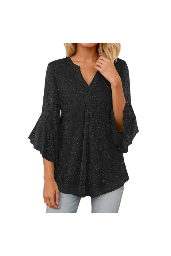 Womens Fashion Tees Tops Loose Thread Mesh Yoke Petal Three Quarter Sleeve CasualBreathable Elegant Gift Clothes Black 2XL