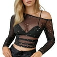 thumbnail image 1 of Lkhaha Womens Graphic T Shirts Off The Shoulder Sequin Mesh Long Sleeve Cropped Y2k Clothes Black S, 1 of 5