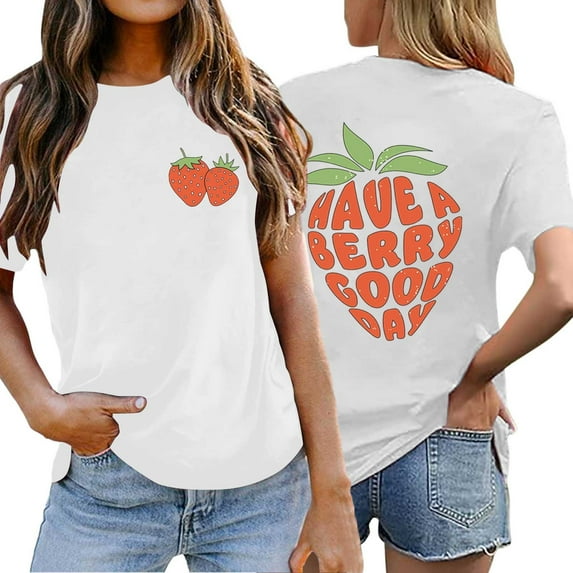 Lkhaha Womens Graphic T Shirts Strawberry Letter Print Summrt Short Sleeve Casual Trendy Outfits White XL