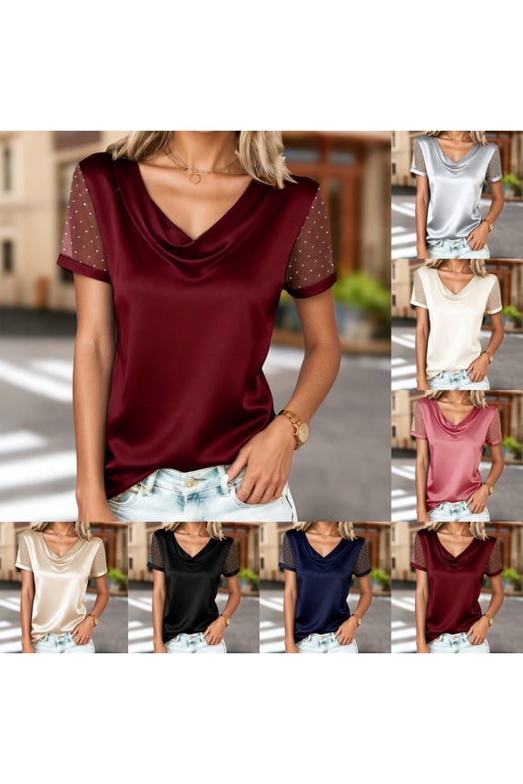 Womens T Shirts Solid Color Mesh Rhinestone Draped Neckline Puff Short Sleeve Elegant Casual Daily Wear Slim fit Blouse White XXL