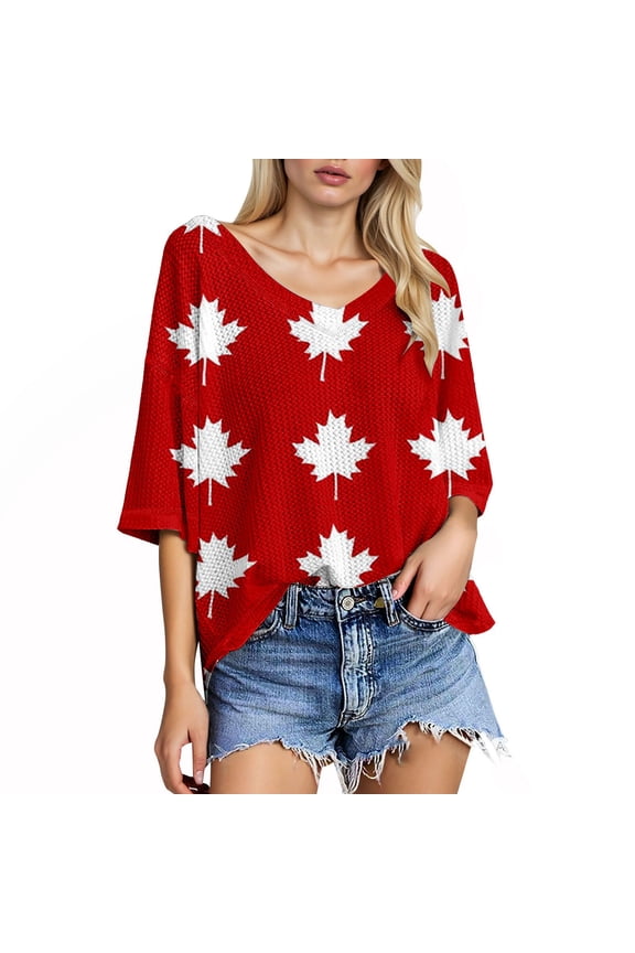 Womens Tops Casual T Shirts Plus Size Canada Day Celebrations Round Neckummer Dressy Clothes Red L