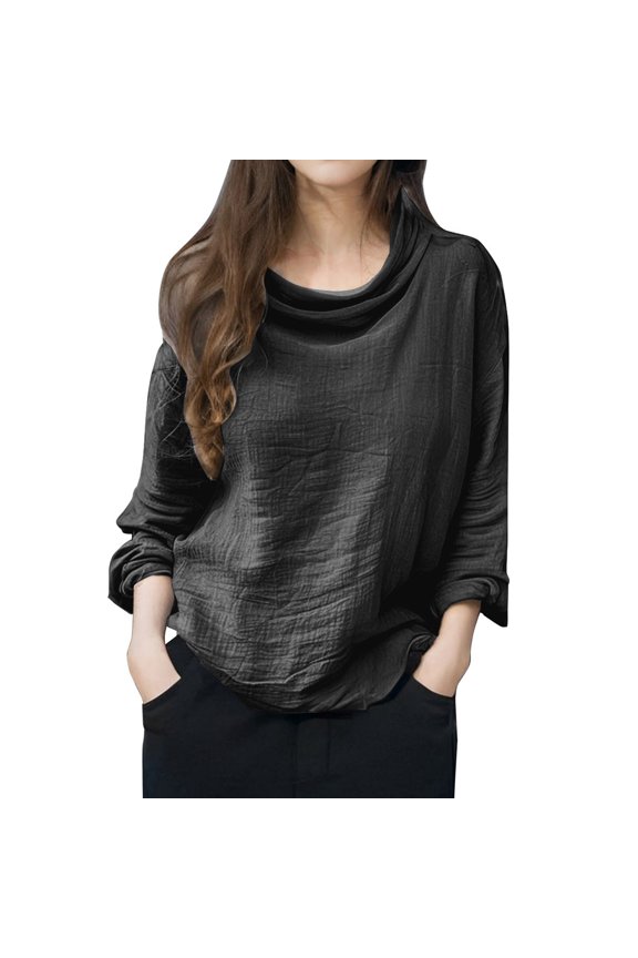Womens Tops Casual T Shirts Spring Loose Fashion Long Sleeve Solid Color Pile Collar Pullover Pleated Y2K Clothes 2026 Black 3XL