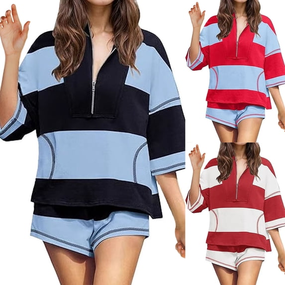 Lkhaha Womens Workout 2 Piece Outfits Striped Lounge Set Oversized Matching Top and Shorts Tracksuits Red S