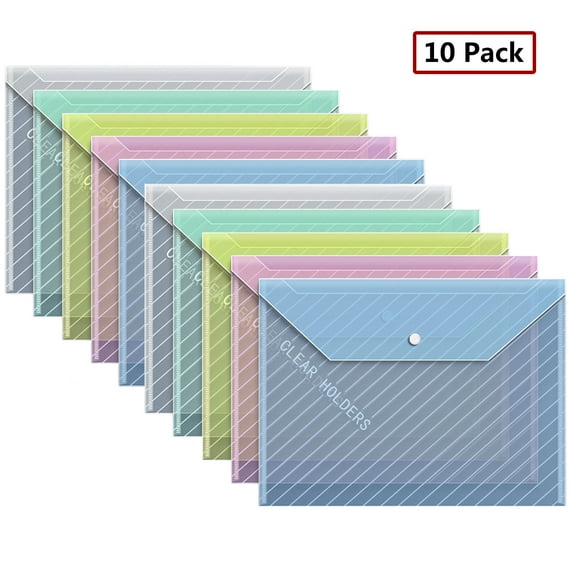 Lksixu 10 Pack Plastic File Folders, A4 Letter Size Clear Poly Envelopes with Snap Button Closure, Waterproof Reusable Document Organizer File Holder Large Stationery Storage Bag Office Supplies