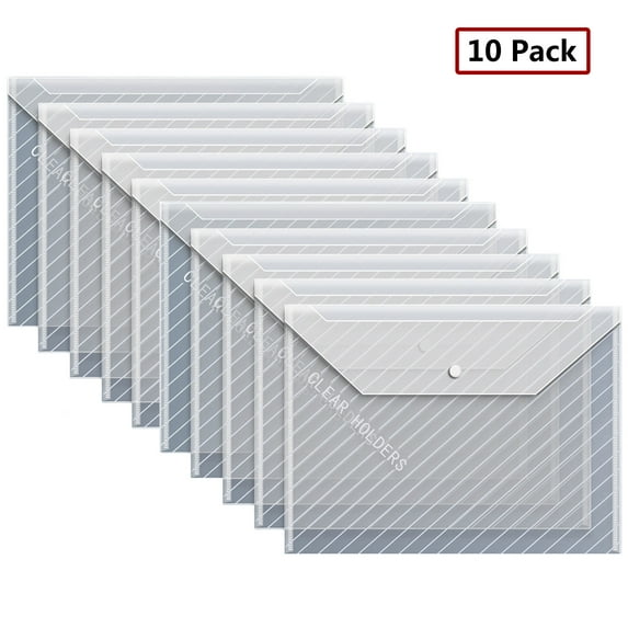 Lksixu 10 Pack Plastic File Folders, A4 Letter Size Clear Poly Envelopes with Snap Button Closure, Waterproof Reusable Document Organizer File Holder Large Stationery Storage Bag Office Supplies