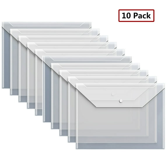 Lksixu 10 Pack Plastic File Folders, A4 Letter Size Clear Poly Envelopes with Snap Button Closure, Waterproof Reusable Document Organizer File Holder Large Stationery Storage Bag Office Supplies
