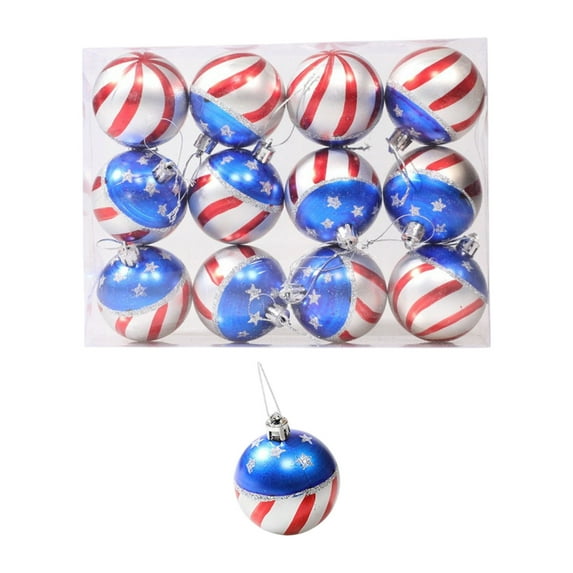 Lksixu 12 Count 4th of July Ball Ornaments for Tree, 2.4 Inch Star and Stripes Decorative Hanging Ball, Shatterproof Glitter Patriotic Pendants Decorations for Independence Day, Memorial Day, Party