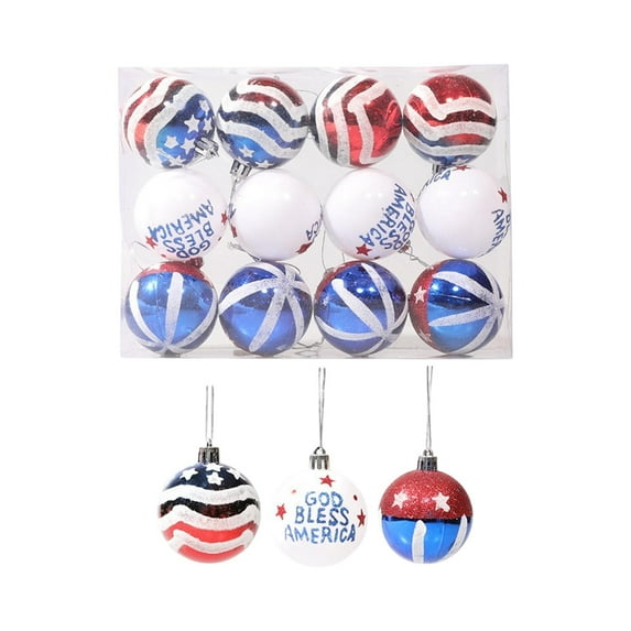 Lksixu 12 Count 4th of July Ball Ornaments for Tree, 2.4 Inch Star and Stripes Decorative Hanging Ball, Shatterproof Glitter Patriotic Pendants Decorations for Independence Day, Memorial Day, Party