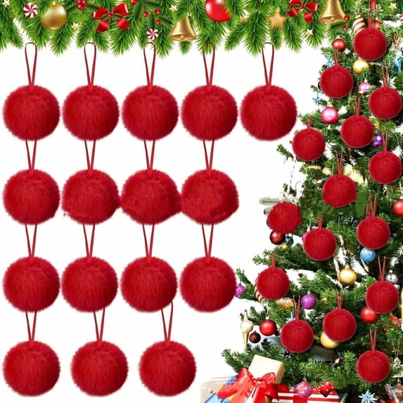 Lksixu 16 Pcs Christmas Furry Ball Ornaments for Xmas Tree, 3.14" Soft Faux Fur Decorative Pom Pom Ball with Hanging Rope, Christmas Tree Red Elf Ornaments Christmas Decorations for Party Holiday