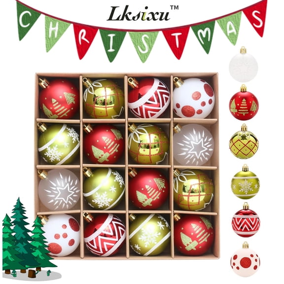 Lksixu 16Pcs Christmas Balls Ornaments, Christmas Decorations for Xmas Tree, 2.36" Glitter Shatterproof Decorative Balls with Exquisite Pattern Christmas Tree Hanging Baubles for Party Wedding